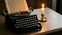 Vintage black typewriter with paper typed with the word love, beside a glowing candle on a wooden desk, romantic nostalgic writing scene.