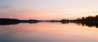 Serene lake at sunrise with soft pink and orange sky reflecting on calm water surface, surrounded by bare trees along shoreline during early morning hours.