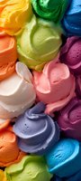 Colorful ice cream scoops in rainbow flavors with textured surfaces, featuring orange, yellow, green, pink, white, purple and blue frozen dessert portions for food and beverage design.