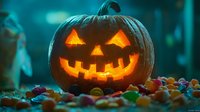 Carved jack-o-lantern with glowing orange face surrounded by colorful candies against dark teal background, perfect for seasonal marketing and holiday designs.