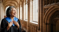 Senior woman with gray hair and South Asian ethnicity wearing academic regalia with blue collar in ornate Gothic cathedral interior with arched ceilings and natural light from tall windows, expressing joy and achievement in educational or ceremonial setting.