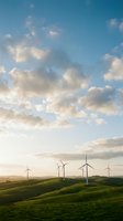 Wind turbines dotting rolling green hills beneath a bright blue sky with white clouds, representing renewable energy and sustainable power generation for environmental projects.