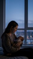 Young Caucasian mother holding newborn baby during evening twilight by large window with city lights background creating intimate bonding moment.
