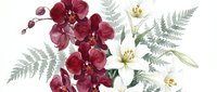 Burgundy orchid flowers with white lilies and silver fern leaves arrangement isolated on transparent background for floral design projects and decorations.