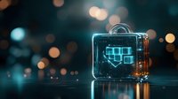 Glowing neon download icon in glass cube against dark background with bokeh lights, modern technology concept for digital content delivery.