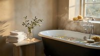 Luxurious spa bathroom with freestanding black bathtub, fresh greenery in glass vase, rolled towels, and natural sunlight from window for wellness and relaxation design.