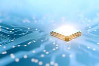 Glowing microchip on blue circuit board background with digital connections and light effects, representing advanced computing technology and artificial intelligence.