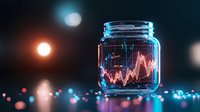 Glowing stock market chart projected on glass jar with neon blue and orange lights creating futuristic financial concept against dark background.