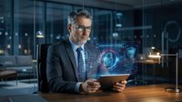 Mature male professional in business suit and glasses holding tablet with holographic cybersecurity interface displaying digital lock and data protection technology in modern office environment.