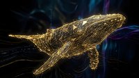 Golden wireframe whale swimming through digital ocean with glowing mesh structure and flowing light trails on dark background for technology concepts.