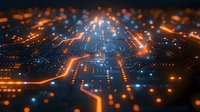 Futuristic circuit board with glowing orange and blue light paths creating a technological landscape against dark background.