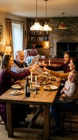 Multi-generational family toasting with wine glasses at wooden dining table during festive dinner gathering in warm rustic home interior with stone fireplace and pendant lighting.