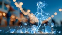 Magical glowing silhouette of dancing woman among luminous seashells and mushrooms against blurred bokeh city lights background in blue evening atmosphere.