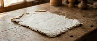 Ancient weathered parchment manuscript on rustic wooden table with warm sunlight streaming through window creating atmospheric historical document scene.