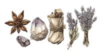 Watercolor set of mystical objects including star anise, crystals, dried sage bundle and lavender bouquet on white background, isolated botanical illustration.