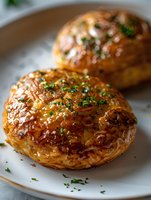 Golden flaky puff pastry buns with herbs on white plate, freshly baked savory pastries for breakfast, lunch or dinner menu concepts.