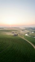Aerial view of rolling farmland at sunrise with green crop fields, winding river, scattered trees, and morning mist. Agricultural landscape photography.