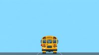Yellow school bus front view on road against clear sky background, isolated on blue for educational materials and transportation design projects.