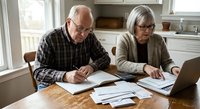 Senior Caucasian couple reviewing financial documents and paperwork together at kitchen table with laptop for retirement planning and budgeting.