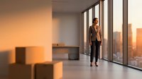 Professional businessman in suit standing by floor-to-ceiling windows overlooking city skyline at sunset in modern office space for corporate presentations.