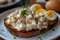 Creamy egg salad with diced red peppers and fresh herbs served on toasted dark bread, garnished with halved boiled eggs and parsley, close-up view on plate.