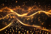 Abstract golden wave pattern with glowing particles and light effects on dark background, flowing digital landscape with sparkling dots and bokeh elements.