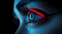 Dramatic close up of glowing red and blue eye with futuristic cyberpunk aesthetic against dark background, showcasing intense detail and technological enhancement.