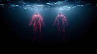 Glowing red silhouettes of two human figures floating underwater against dark blue ocean background with light rays filtering through surface.