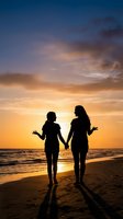 Two women holding hands walking on beach at sunset with golden sky and ocean waves creating romantic silhouette scene for travel and friendship concepts.