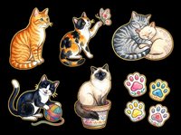 Cute cat sticker set with colorful paw prints, isolated on transparent background. Includes tabby, calico, tuxedo, and Siamese cats. Ready for t-shirt design, clipart, and print on demand.