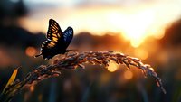 Monarch butterfly perched on golden wheat stalk during sunset, with soft bokeh background creating dreamy atmosphere. Natural light illuminates delicate wings.