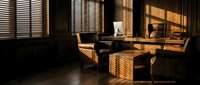 Modern office interior with dramatic sunlight streaming through venetian blinds creating striped shadows across wooden desk and leather chair in warm atmosphere.