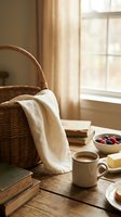 Cozy morning scene with wicker basket, cream mug, fresh berries, books and bread on wooden table by sunlit window with warm curtains.
