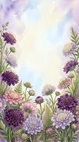 Watercolor floral border with purple, pink, and lavender blooms framing a soft pastel sky background with copy space for text.