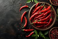 Fresh red chili peppers in wooden bowl on dark stone background with basil leaves and peppercorns, dramatic food photography composition.