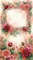 Ornate floral frame with roses, peonies, and botanical elements in pink and red tones on cream background. Decorative scrollwork border with hearts. Isolated design ready for invitations, greeting cards, and wedding stationery projects.