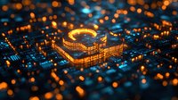 Glowing orange microprocessor on circuit board with bokeh light effects against dark background, futuristic technology concept with depth of field.