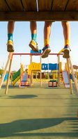 Children legs dangling from playground monkey bars wearing colorful socks and sneakers at outdoor park recreation area during sunny day.