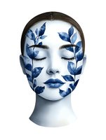 Artistic portrait featuring white face with blue watercolor botanical elements, closed eyes and matching blue lips creating ethereal beauty on white background.