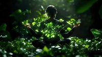 Silhouette of young woman meditating in lush green garden with sunlight streaming through leaves, creating magical nature atmosphere for wellness and spirituality.