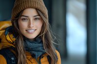 Young woman in yellow winter jacket and brown beanie hat smiling outdoors. Natural beauty portrait with soft lighting and blurred background.