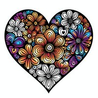Decorative heart shape filled with colorful floral pattern featuring orange, blue, and white daisies with swirls and small hearts on black background. Isolated design.