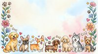 Adorable watercolor puppies border frame with floral elements and paw prints on pastel background for greeting cards and pet-themed designs.