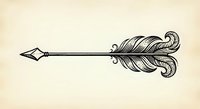 Vintage arrow with ornate feather fletching in black ink drawing style on aged paper background for tattoo and decorative design projects.