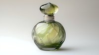 Elegant vintage green glass perfume bottle with decorative geometric pattern and round stopper on neutral background, soft studio lighting creates delicate shadows.