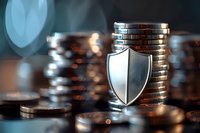 Shield icon on stack of coins against blurred money background, symbolizing financial security and investment protection.