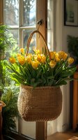 Fresh yellow tulips in woven basket hanging by window, sunlight streaming through, creating warm atmospheric mood with green plants in background.