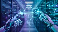 Futuristic robotic hands reaching toward digital security interface with glowing cybersecurity icons and data streams in blue purple neon colors.