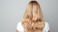 Young woman with long wavy blonde hair styled in soft curls wearing white top against light gray background, back view. Professional hairstyle demonstrates healthy shiny hair.