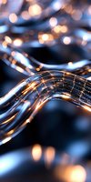 Glowing curved lines with digital pattern and bokeh lights on dark background create futuristic technology concept for business and innovation designs.